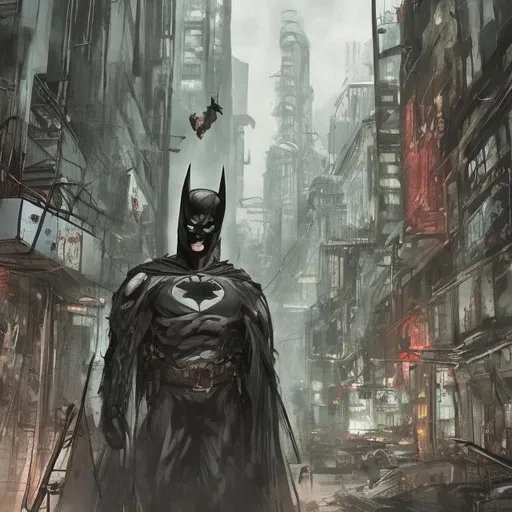 Prompt: Very dark mostly black and green evil batman. Accurate. realistic. evil eyes. Slow exposure. Detailed. Dirty. Dark and gritty. Post-apocalyptic Neo Tokyo. Futuristic. Shadows. Sinister. Armed. Fanatic. Intense. 