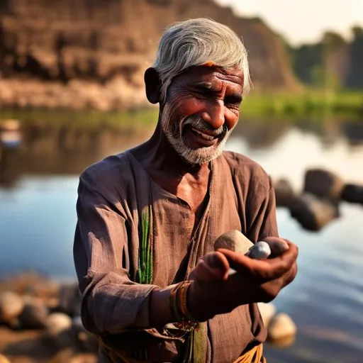 Prompt: A man holding stones and gems expresses the joy of life, standing on a riverside. He is bright and shining his mind