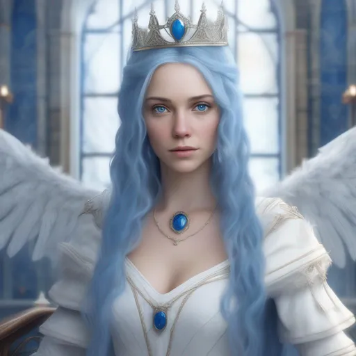 Prompt: female, realistic, nonhuman face, long blue hair, blue eyes, thrown room, daytime, white colors, queen, royal, elegant outfit, ice themed, angel, medieval, high definition, professional, normal hands