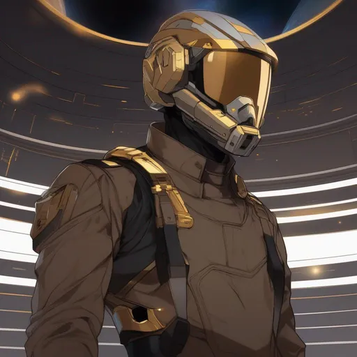 Prompt: From distance. Whole body. Full figure. A Czech male soldier in scifi 20th century uniform.  Cyborg implants. visor covering his face.  Dark brown uniform with gold details.  In background a space base. Anime art. Rpg. Anime style. Akira art. 2d art. 2d. Well draw face. Detailed. Whole figure. Full body. 