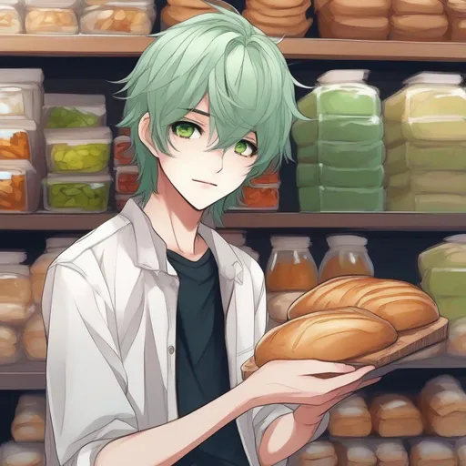 Prompt:   anime boy manhwa style cute and pretty, with eye pretty detailed, bread , with green hair, 
