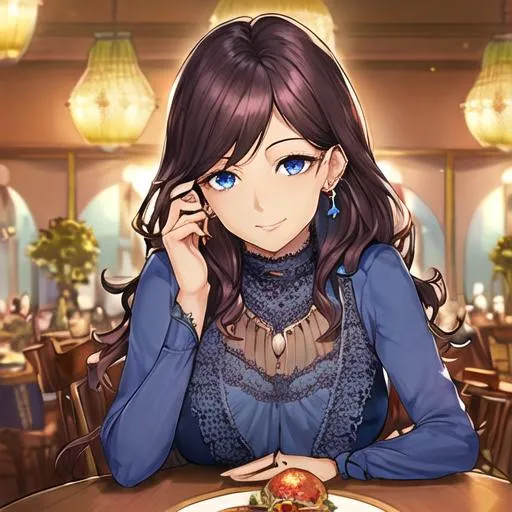Prompt: beautiful woman with medium-length brown hair, blue eyes, dimples across the bridge of her nose, a long blue shirt with lace at the neck, shiny ruby earrings, a blue sapphire necklace, blushing, happy face, sitting across the table in a fancy restaurant, highly detailed background