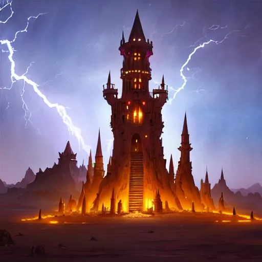 Prompt: magic castle tower in the middle of a desert, glowing, lightning, dungeons and dragons, magic the gathering, fantasy art, fantasy, wizard,, concept art, , artstation, award winning, painting, watercolor, 