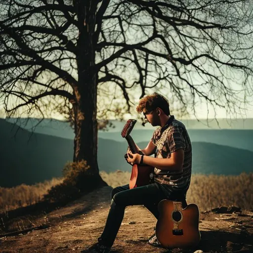 Prompt: A man playing guitar in nature
