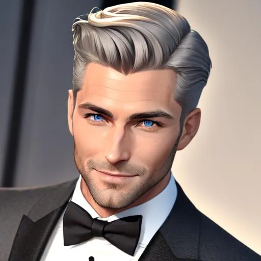 Prompt: Character concept art of a man in his late thirties to early fourties wearing a tailored gray suit with a gray necktie on the red carpet at a gala. He is clean-shaven, has light honey blond hair, gray eyes, a slicked back coiffed hairstyle, smooth soft skin, and a is wearing a tight smile. soft lighting, intricate, elegant, highly detailed, digital painting, trending on artstation, detailed face, realistic face, smooth, sharp focus, illustration art by Stanley Lau, detailed face, by makoto shinkai, stanley artgerm lau, wlop, rossdraws, concept art, digital painting