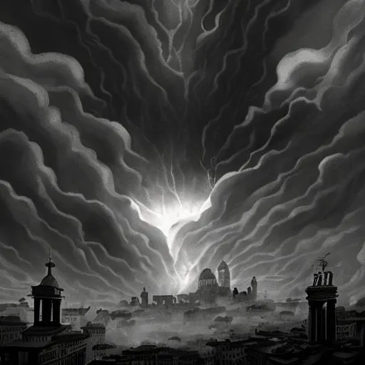 Prompt: it's Rome but in a Lovecraft story. Seen by the sky. With darkness in form of black fog that envelope the city and shadow all around. The shape of a big monster, with claws dangerous on the city, it is on the background behind the cloud and thunder creates spot of light. Look like a Dave McKean artstyle