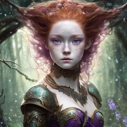 Prompt: Detailed and mystical portrait of a young charming warrior witch with ivory clear skin, redhead hair and deep purple eyes. Gorgeous female body, she wears rich green dress, night light, forest, dramatic, plastic pose, frontal, magical, fantasy, 8k, high detailed, dramatic light
