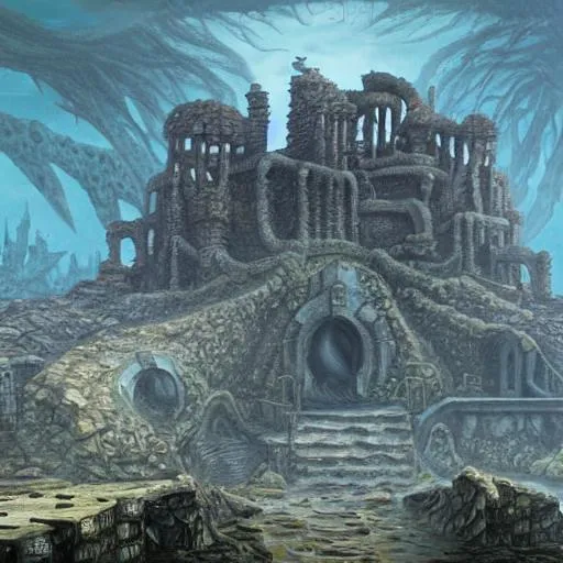 Prompt: R'lyeh sunken city 
gloom and dread ruins
