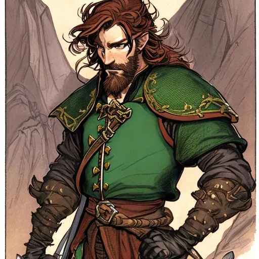 Prompt: Dungeons and dragons theme, portrait, rugged, handsome, half elf, male, swashbuckler rogue, coppery-brown medium length hair, trimmed beard, rapier on hip, noble birth, green noble doublet. 