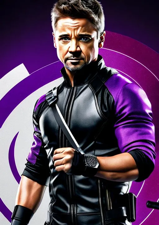 Prompt: High-resolution hyperrealistic photo of jeremy renner hawkeye merged with {colin farrell bullseye}, black and purple and white costume, uhd, hdr, 64k