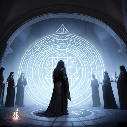 Prompt: front view of male sorcerer summoning succubi from the underworld, standing on a floor marked with runes, a large portal on the wall, dark hair, aura, alchemy, papers, several amulets, dark clothing, black jacket, long flowing hair, magical runes, occult, runic symbols, enochian, transhuman, techno mystic, realistic eyes, apostate, vivid colors, masterpiece, art by HR Giger, dark contrast, 3D lighting, nighttime in the temple, background