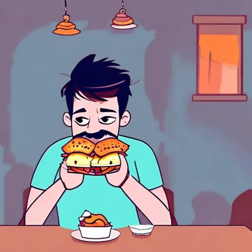 Prompt: boyfriend after breakup eating dabeli at restaurant in cartoon style
