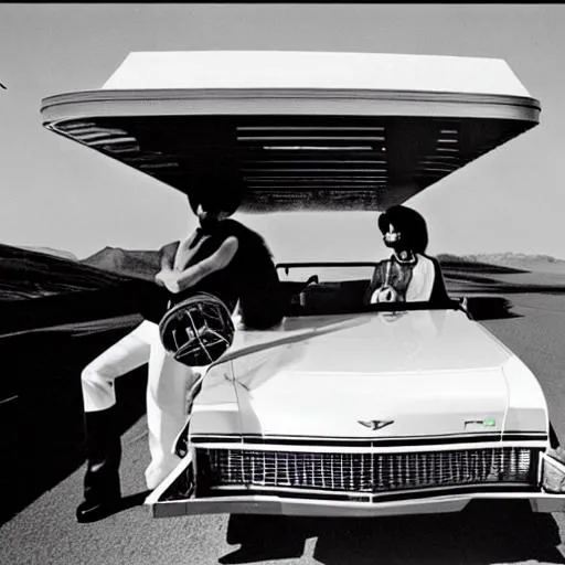 Prompt: Freddie mercury and Prince sitting in a convertible Cadillac  at a retro futuristic gas station on mars