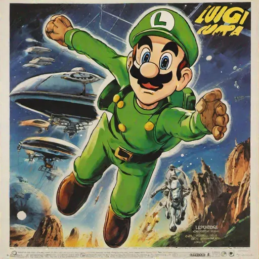 Prompt: Luigi jumping in air, 1970s sci-fi movie poster