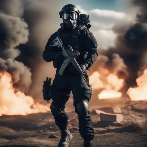 Prompt: A modern military male general in black military armor, with a pistol and gas mask, background war battle, Hyperrealistic, sharp focus, Professional, UHD, HDR, 8K, Render, electronic, dramatic, vivid, pressure, stress, nervous vibe, loud, tension, traumatic, dark, cataclysmic, violent, fighting, Epic