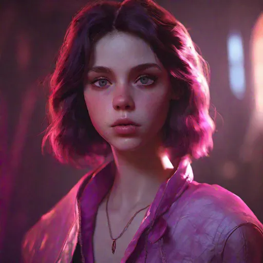 Prompt: young girl with bright fuchsia eyes, pouty lips, mahogany hair, pale skin, concept art, epic lighting, finely-tuned, octane rendering