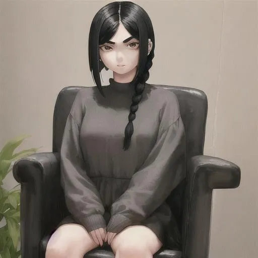 Prompt: A girl with fair skin, black hair with a braid haircut and pierced eyebrows and nose, sitting on a chair 
