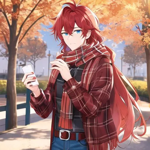 Prompt: Zerif 1male (Red side-swept hair covering his right eye, blue eyes), highly detailed face, wearing a cozy flannel shirt and a pair of stylish jeans. In the park, fall.  wearing a scarf, looking up at the sky, in a pumpkin patch, adult. Handsome,  detailed, UHD, HD, 4K, highly detailed, red haze, masculine, anime style