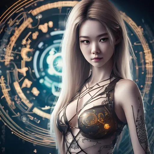 Prompt: CGI, 4K high resolution, modern style, japanese female, smirking, intricate light brown hair with blonde streaks, sheer minimal clothing, cleavage, surrounded by alchemy symbols