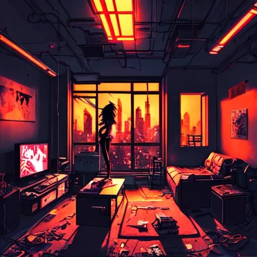 Prompt: Cyberpunk & Lofi setting, Messy apartment, dramatic lighting, Orange prominent, high contrast colours, panoramic view, High detail, Starlit sky, Sharp, Androids, Cozy, Anime
