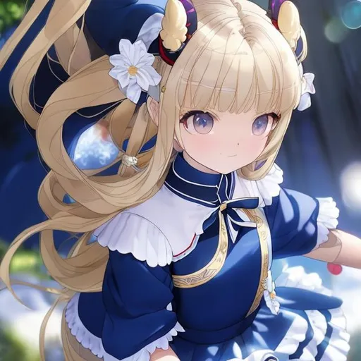 Prompt: Toki has blonde hair in a bun hairstyle, blue eyes, and pale skin.
Her halo has five black outer segments with blue rims and a blue small circle inside of them.
uniform is undoubtedly a regular maid uniform. Paired to her uniform is a white apron, a small blue ribbon, a black dress with white trim, a large blue ribbon at her back, an outer skirt, black fingerless elbow gloves with white rings, black web gear with blue parts, and long white high-heeled shoes with black heels and a blue circle on each shoe