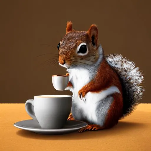 Squirrel with a cup of coffee, tophat, sitting in a... | OpenArt