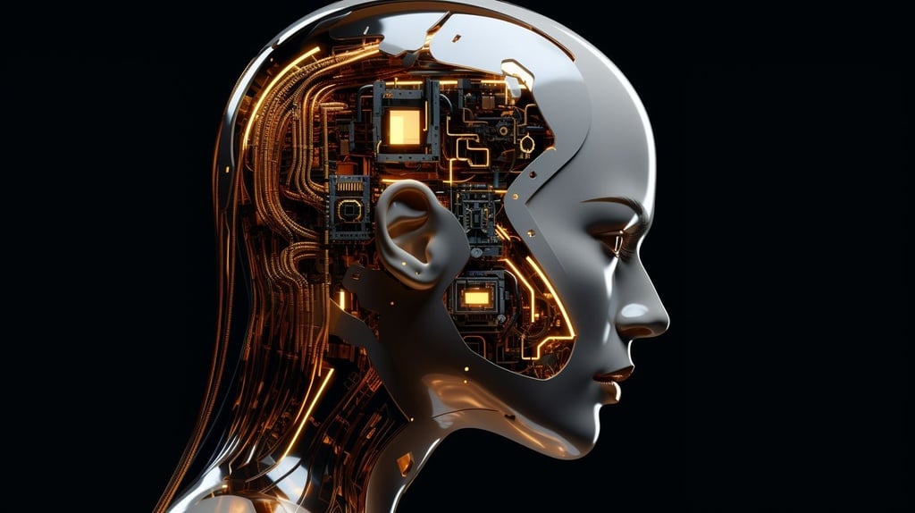 Prompt: gold android female head, in the style of photorealistic details, circuitry, matte photo, uhd image