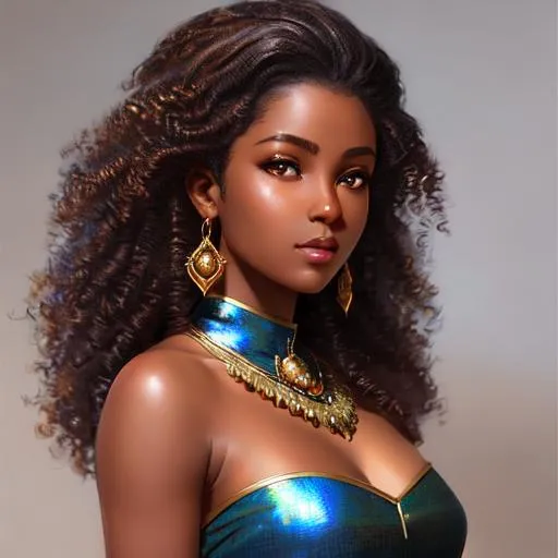 Prompt: Girl with dark skin, lose bronze curls, clear brown eyes, wearing a sliver glittering dress, close up, extremely detailed, novel realistic. Krenz Cushart + loish +gaston bussiere +craig mullins, j. c. leyendecker +Artgerm, oil painting texture oil painting effect. 