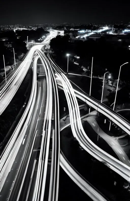 Prompt: monochrome ariel view, long-shot
Long-exposure night photography of traffic, with light trails
