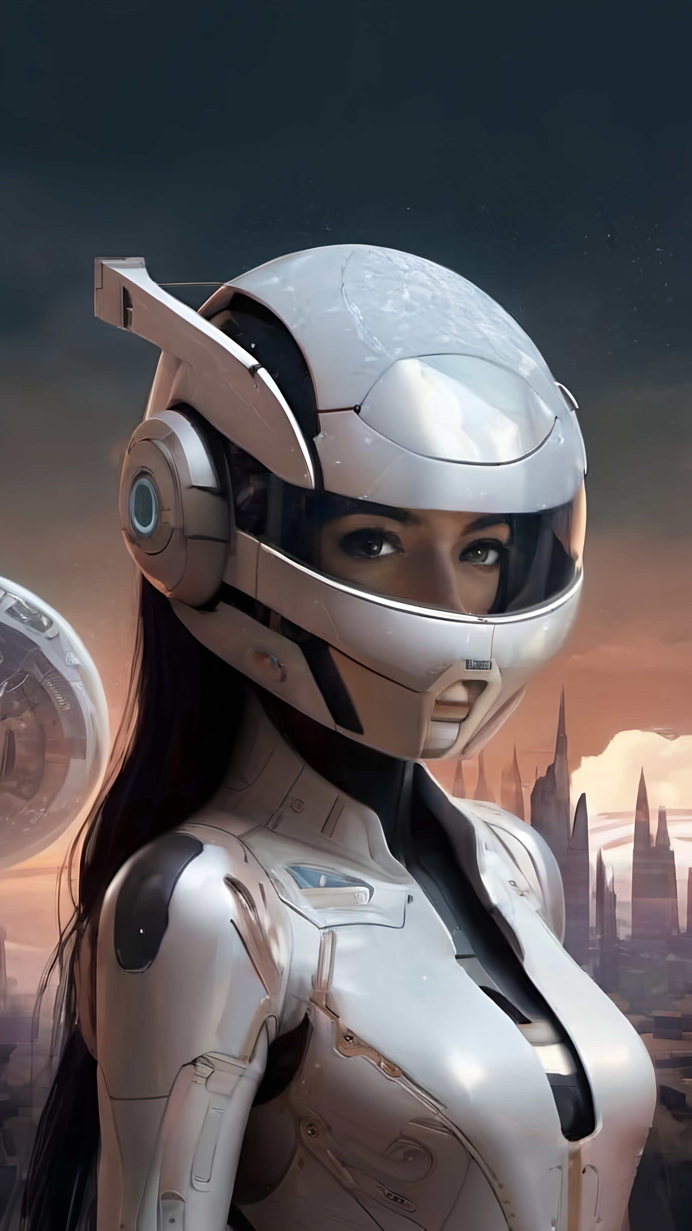 Prompt: a woman in a futuristic suit with a helmet on her head and a city in the background with an object, space art