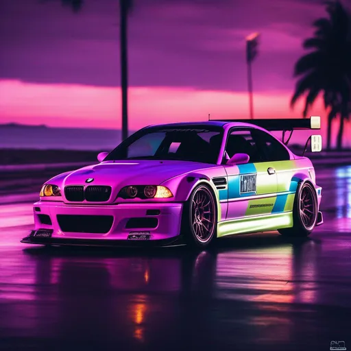 Prompt: 2001 BMW M3 E46 GTR, synthwave, aesthetic cyberpunk, miami, highway, dusk, neon lights, coastal highway, dusk, neon lights, coastal highway, sunset, drift, nurburgring, very detalied