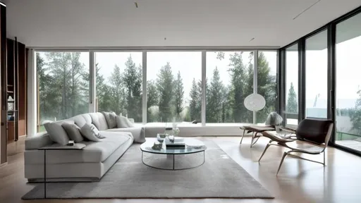 Prompt: Airy, clean interior design with large windows and a glass table