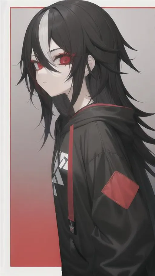Prompt: digital style painting, emo anime girl, black long messy hair, sharp red eyes, black eyeshadow, colored background, hoodie,