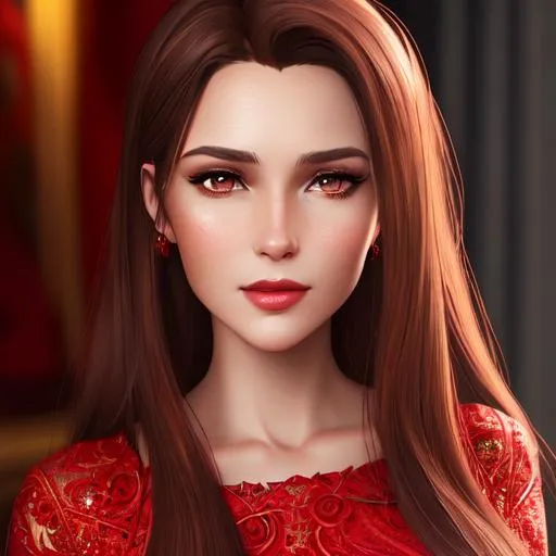 Prompt: portrait of a woman wearing a red dress, oil painting, straight brown hair, blessed, shiny honey eyes, detailed lips, mesmerizing, gorgeous, stunning, highly detailed concept art, high resolution scan, hd octane render, intricate detailed, highly detailed face, unreal engine, trending on artstation, UHD, 8k, Very detailed