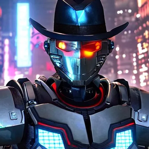 Prompt: futuristic robot detective wearing a  fedora, and with high tech armor in a raining cyber punk city, realistic, ultra 4k HD 