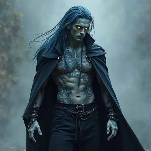 Prompt: a creature that looks like a handsome, young man, but has grey skin, long, blue hair, yellow glowing eyes and tattoos all over his body, wearing a long, black cloak