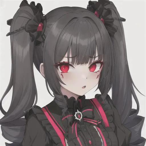 Prompt: a girl with black twin drills, red eyes, and black and white goth Lolita clothing on
