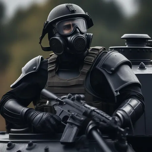 Prompt: A depression modern roman military male in black military roman armor, and gas mask, sitting on a tank, Hyperrealistic, sharp focus, Professional, UHD, HDR, 8K, Render, electronic, dramatic, vivid, pressure, stress, traumatic, dark.