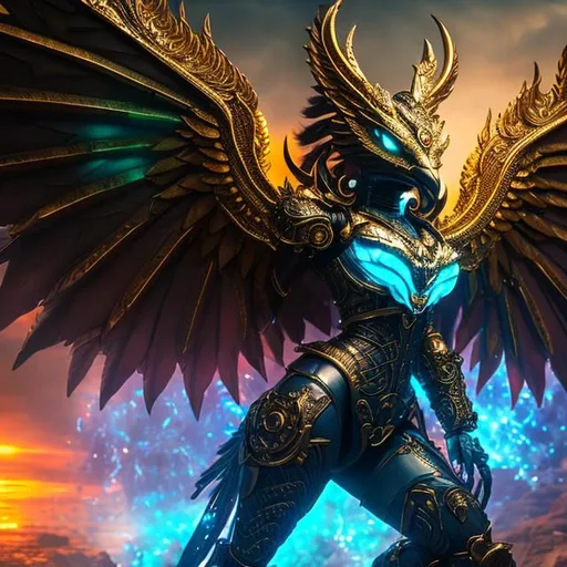 Prompt: Garuda, front, full body, Epic action pose, epic Instagram, Queen of the Stoneage, solar punk, fog, dusk, Twilight, hyperdetailed, intricately detailed, Hyperrealistic, fantastical, intricate detail, make me an image that symbolized human vs AI, complementary colors, concept art, 8k, masterpiece, oil painting, heavy strokes, splash arts, Blood moon, lsd as a person, Drawing by gesture, Android Jones