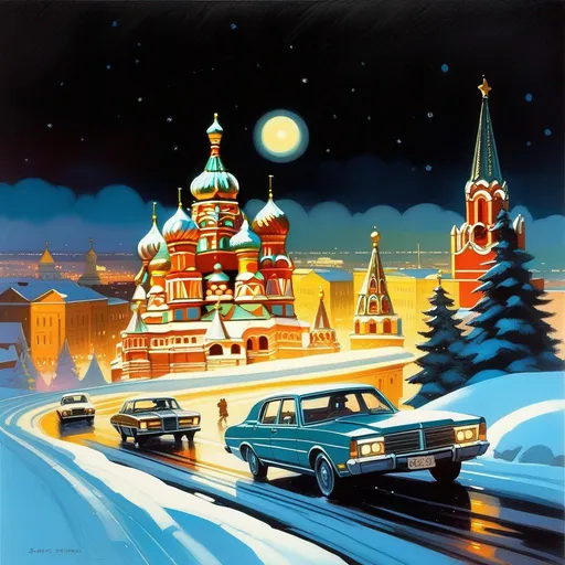 Prompt: 1970s, Moscow at night, car chase, snow, cold atmosphere, cartoony style, extremely detailed painting by Greg Rutkowski and by Henry Justice Ford and by Steve Henderson