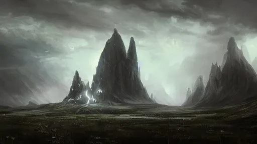 Prompt: fantasy concept art by greg rutkowski of a large monolithic MOUNTAIN SPLIT IN TWO BY LIGHTNING, hooded figure in the foreground looks out over a swampy landscape, ominous sky, dense lightning, fog, exegol, rock outcroppings, gestural oil painting style, backlit, cinematographic morning light, artstation hq,