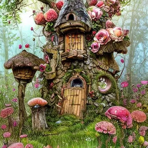 Prompt: fantasy whimsical fairy boot house!, fairy tale cottage tree house castle by Jean-Baptiste Monge!, a multistory ramshackle fairytale house, highly detailed mushroom fairytale multi level tree house, bright lighting, low saturation, muted colors, soft light, muted colors, realistic wild roses and peonies garden, bubbles,  sparkles, highly detailed floral bouquet, hyper realistic tall multi-level tree house in a magical forest with realistic floral bouquets, cinematic, stunning, art by jessica rossier, art by daniel merriam