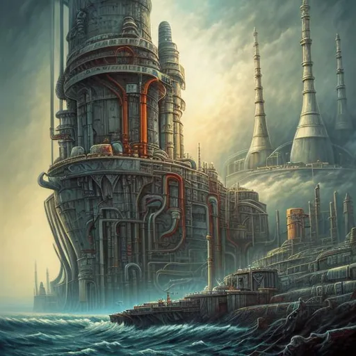 Prompt:  fantasy art style, painting, pipes, tubes, nuclear reactor, power plants, nuclear fusion, nuclear power, nuclear weapons, nuclear bombs, bombs, torpedoes, misiles, concrete, smog, fog, evil, misiles launching, warship, naval ship, boat, deep ocean, waves