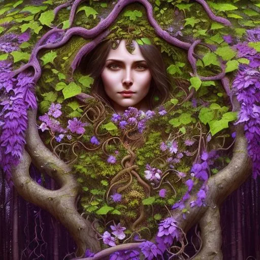 Prompt: Vines growing from a Druids heart through her body into a dead tree brining it back to life, a masterpiece, dark fantasy concept art, dynamic lighting, hyperdetailed, intricately detailed, Splash screen art, deep color, Unreal Engine, volumetric lighting, Alphonse Mucha, Jordan Grimmer, purple and yellow complementary colours