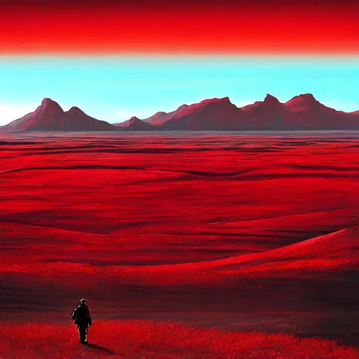 Prompt: a red landscape with a lonely soldier futurtistic