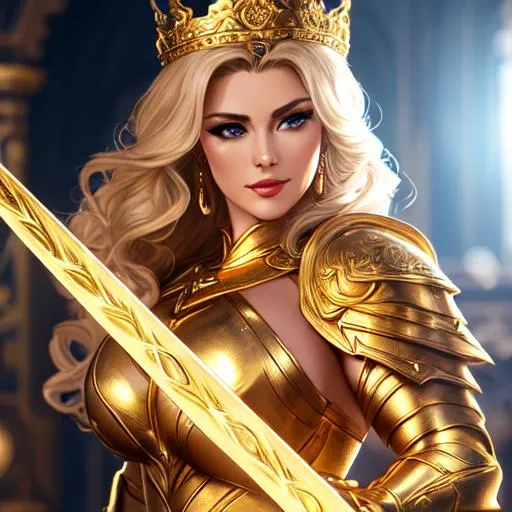 Prompt: Woman, stunning, gorgeous, curve, muscular, strong, fit, queen, paladin, wearing a golden armor, holding a golden sword in hand fantasy, UHD, 8k, high quality, ultra quality, perfect composition, trending art, trending on artstation, sharp focus, studio photo, intricate details, cinematic lighting, special effects, hyper realism, hyper realistic, Very detailed, high detailed face, high detailed eyes, oil painting, full body, portrait