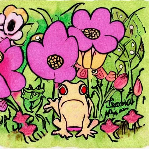 Prompt: toad, frog, flowers, aesthetic, cute, cartoonish, fairycore, flower garden, vintage