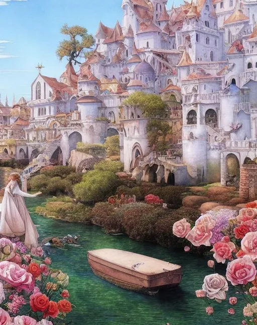 Prompt: Dreamy, stunning, wet on wet watercolors, a beautiful city by the river by Esao Andrews, Ivan Bilibin, Catrin Welz-Stein, Daniel Merriam, Jacek Yerka, Megan duncanson, Michelangelo and Jean Baptiste Monge. Extremely detailed and high definition. glossy shimmer. God's Ray. Beautifully lit.