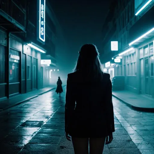 Prompt: A photography in Elsa Bleda style, a woman silhouette from behind walking in a street of big decadent city at night, moonlight, Foggy, rim red and blue neon lights illuminating the ambient, ethereal gloomy mood. 