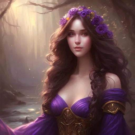 Prompt: beautiful woman, long brown hair, wearing a long purple dress, near a river, style of Alayna Lemmer